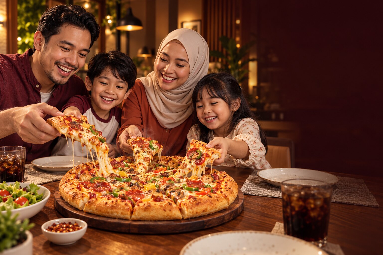 Keluarga Malaysia menikmati pizza bersama
