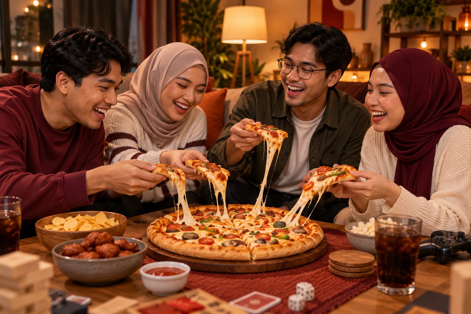 Rakan-rakan menikmati pizza RealDomos