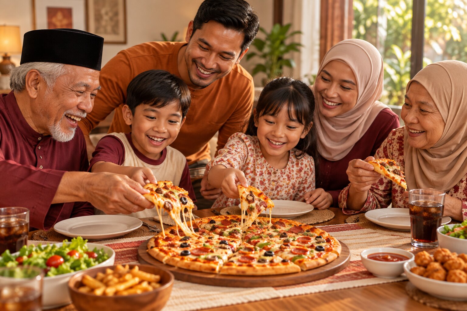 Tiga generasi keluarga menikmati pizza RealDomos